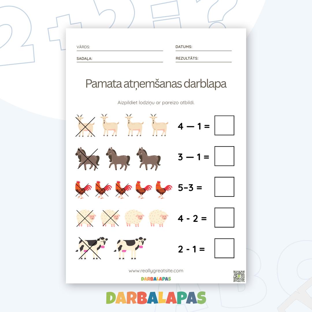 Darblapa – Pamata atņemšana: Skaiti ar dzīvniekiem un mācies ātri